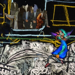 A person in a blue coat looking at people in suits without heads.