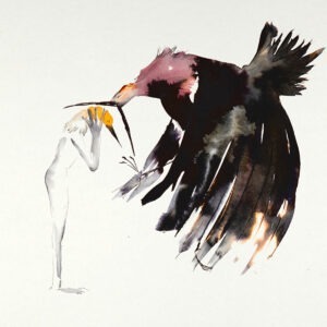 A bird squawking at a smaller bird.