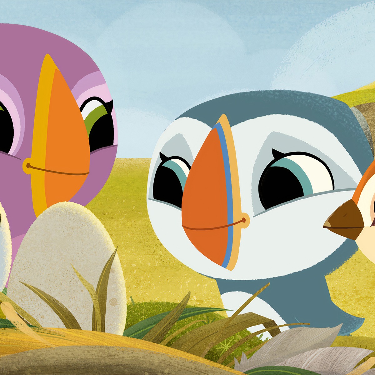 Puffins gather around an egg in a green nest