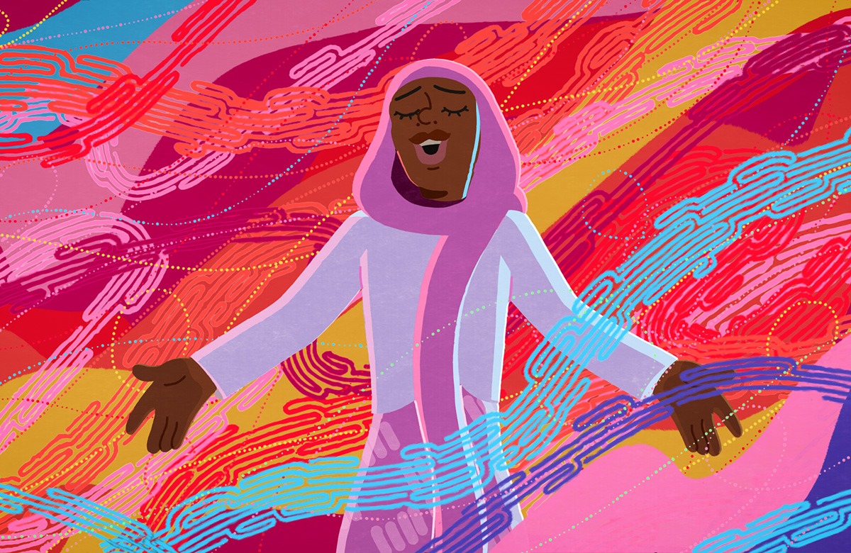 A girl in a pink hijab sings.